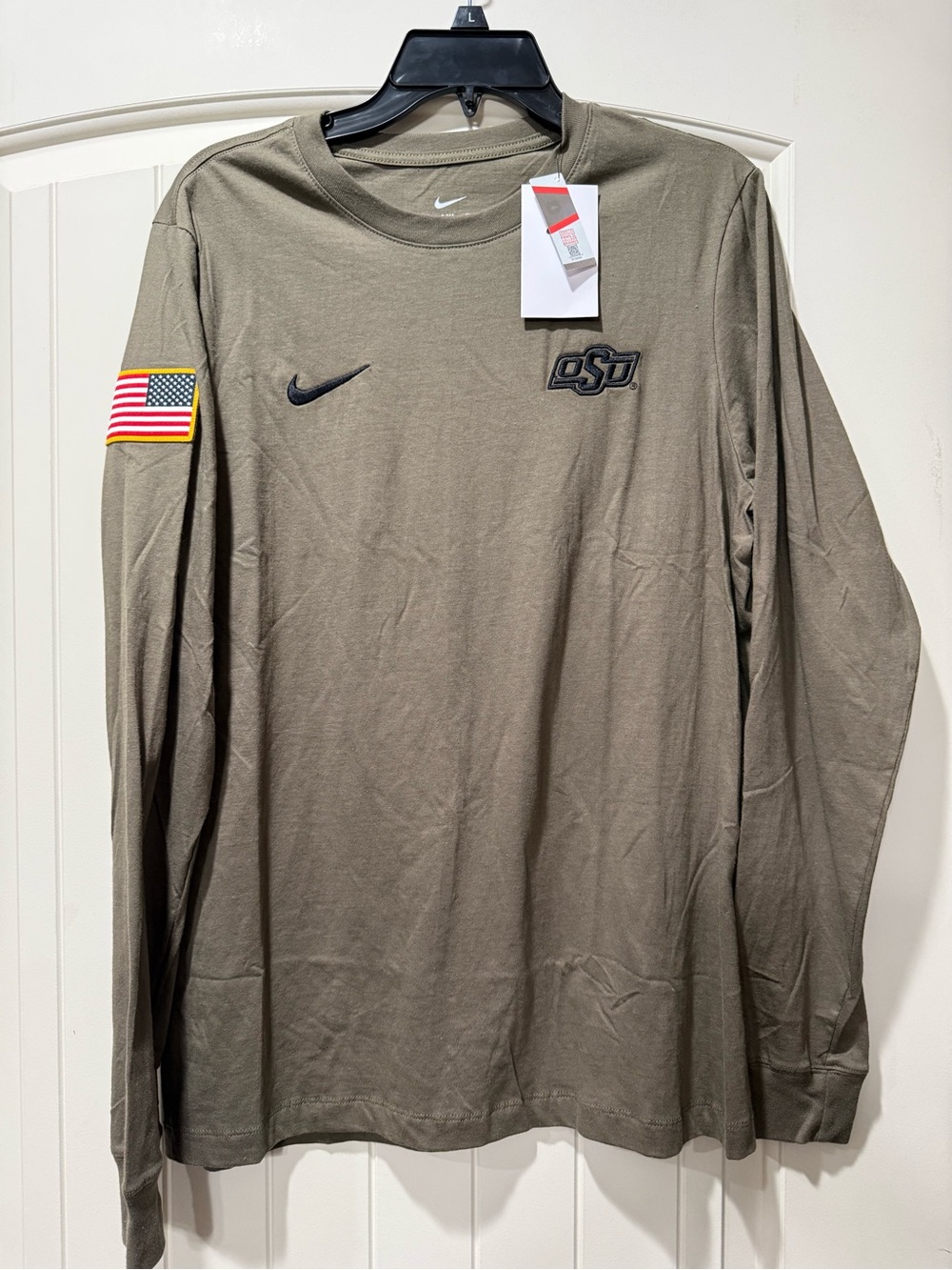Nike Olive Green Long-Sleeve OSU Crew Shirt with Flag Patch